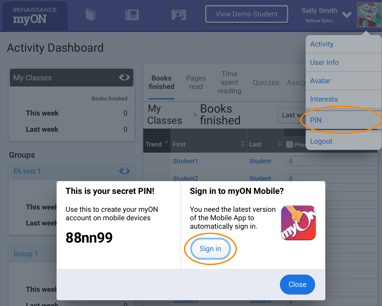 the user icon and menu and the PIN option for teachers