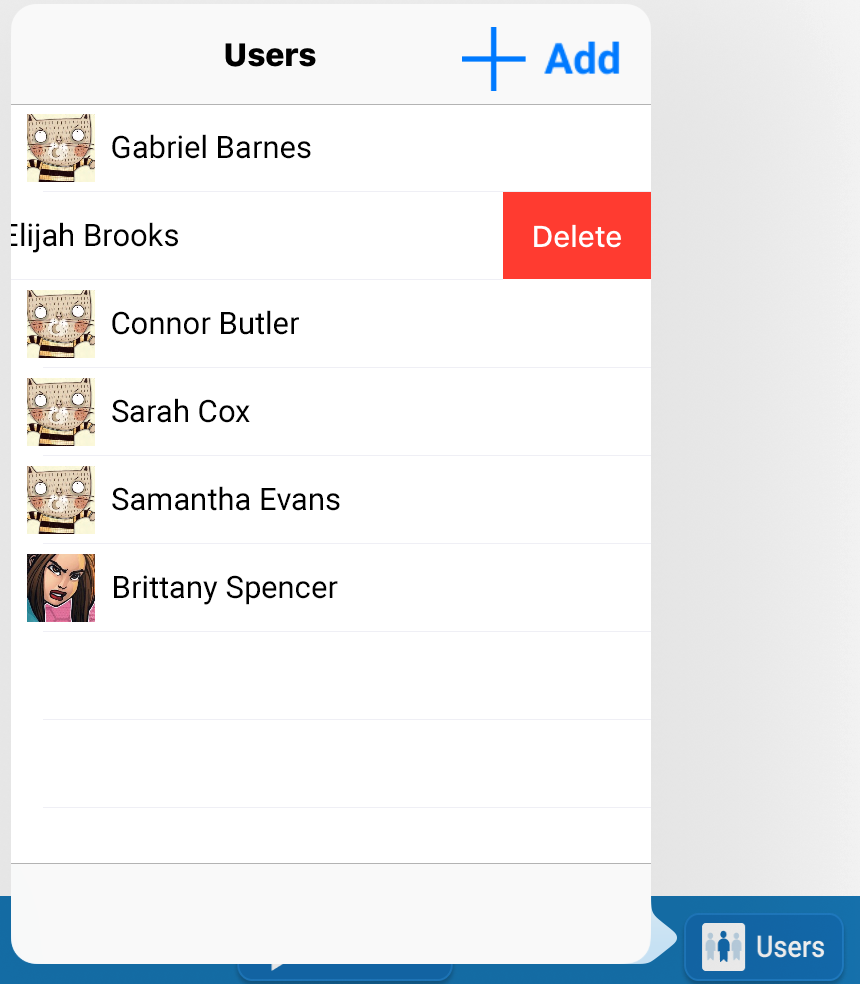 the Delete option shown for one student after swiping to the left