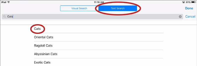 Text Search selected with a keyword entered and matching results