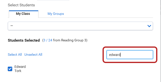 a search for one student and the results