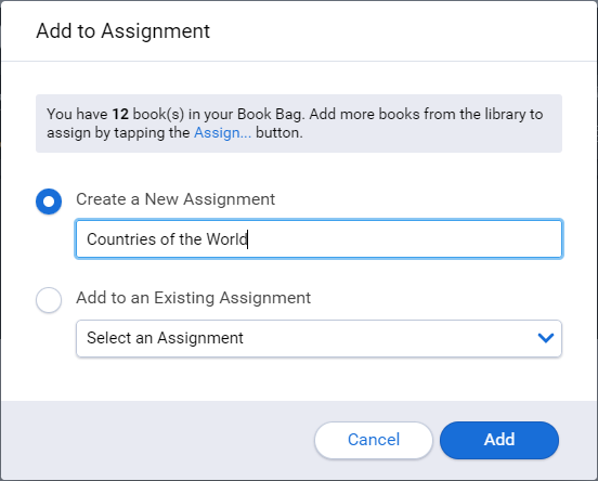 the Create New Assignment option selected with a name entered for the assignment