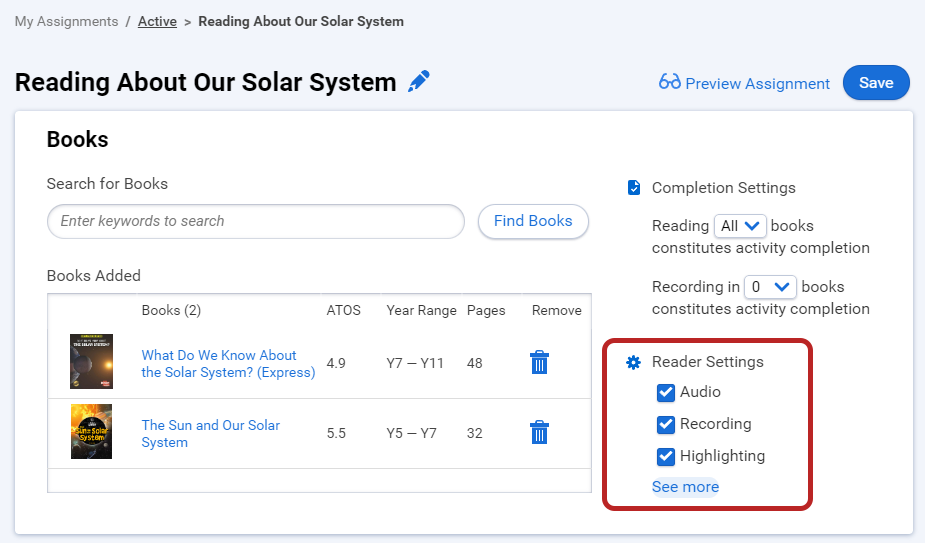 the Reader Settings for an assignment, including Audio