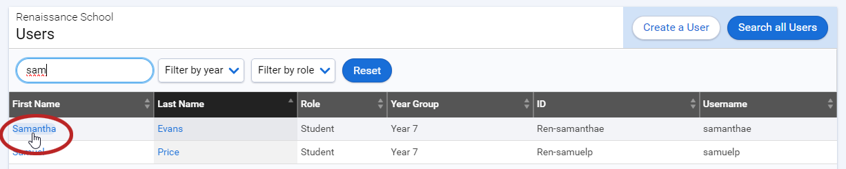 a search for a student and a student being selected in results