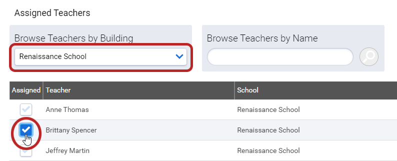 the school drop-down list and the teachers