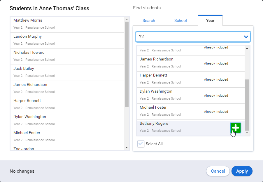 a student being added from the Year tab