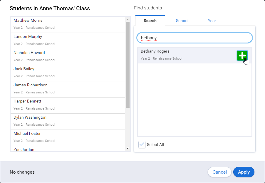 a student being added from the Search tab