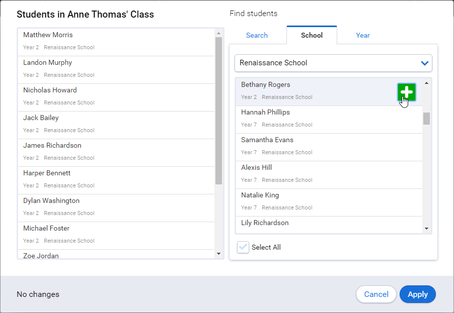 a student being added from the School tab