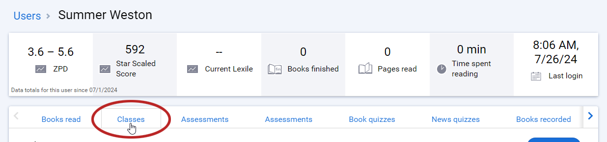 the Classes tab on a student's information page