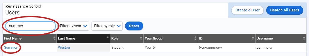 an example of a search for a user