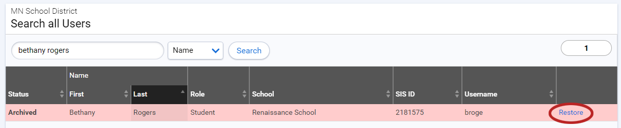 a search result with an archived student and the restore option