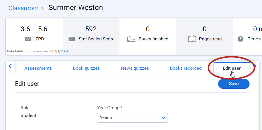 the Edit User tab with fields for student first, middle, and last name, user name, password, and ID, and a drop-down list for Year