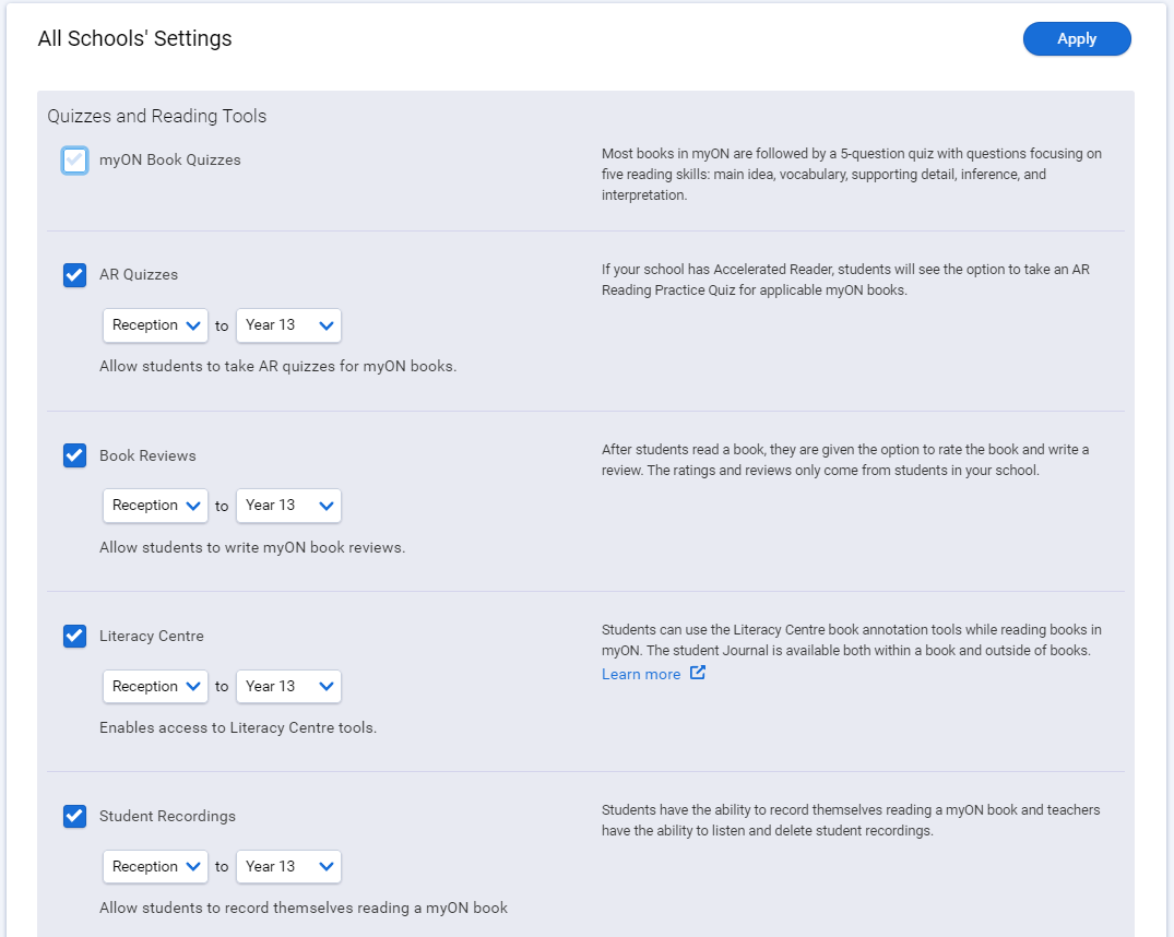 the settings page