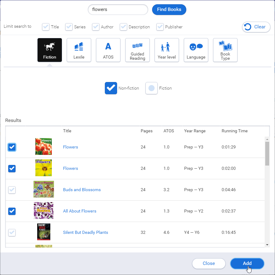 the options for finding and selecting books in the find books window