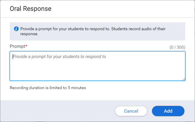 the oral response activity window with the instructions field and the Add button