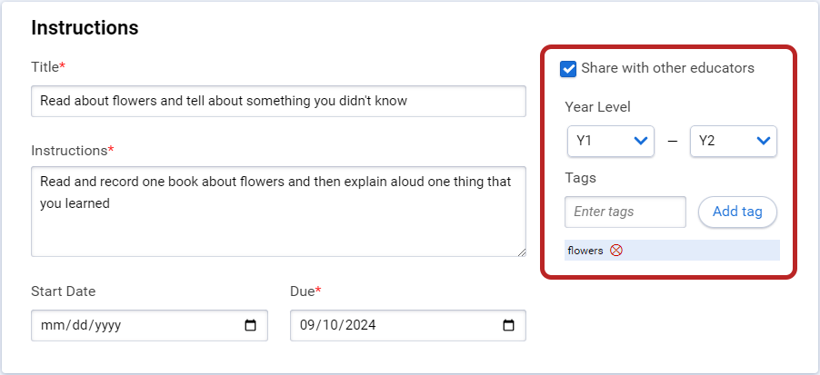 the settings for a shared assignments