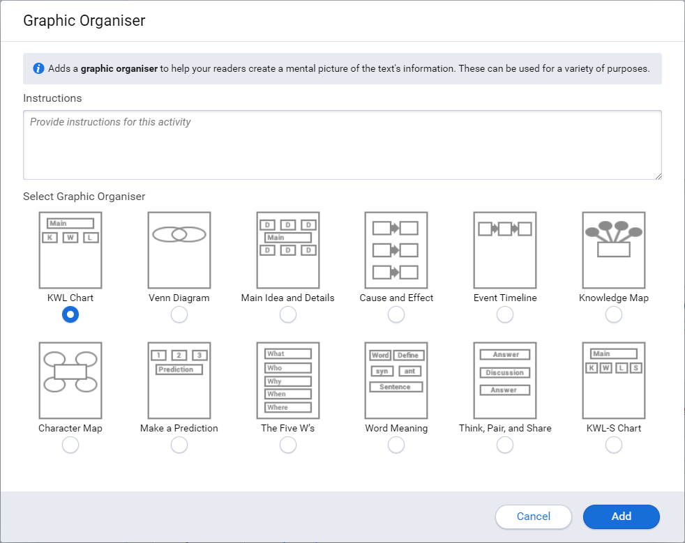 the new graphic organiser window