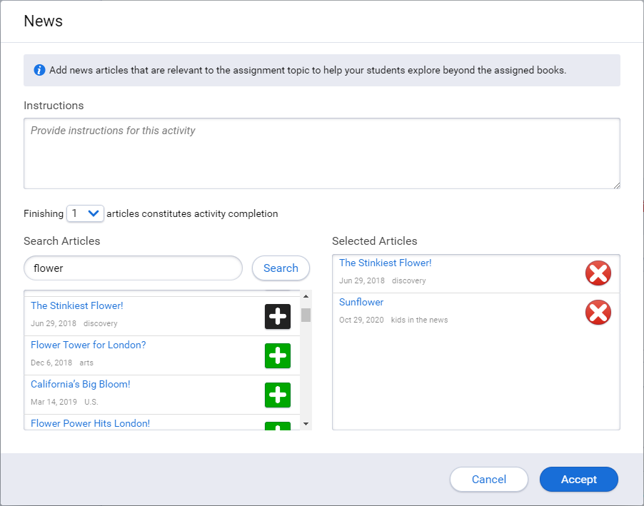 an example of the settings for a news task