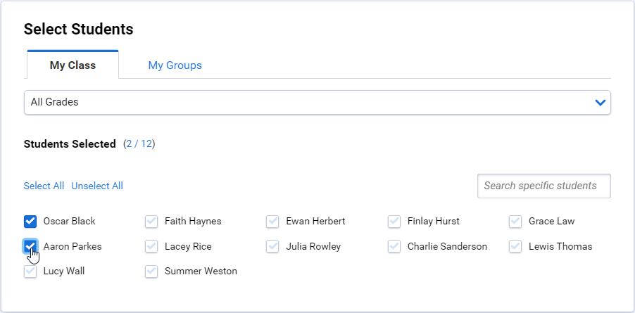 selecting students on the My Class tab