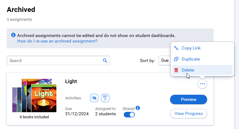 the Delete option for an archived assignment
