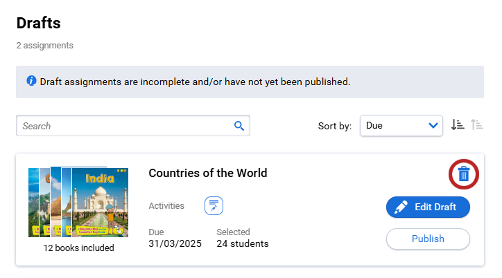 the delete icon for a draft assignment