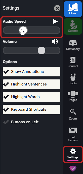 the Settings open and the audio speed control