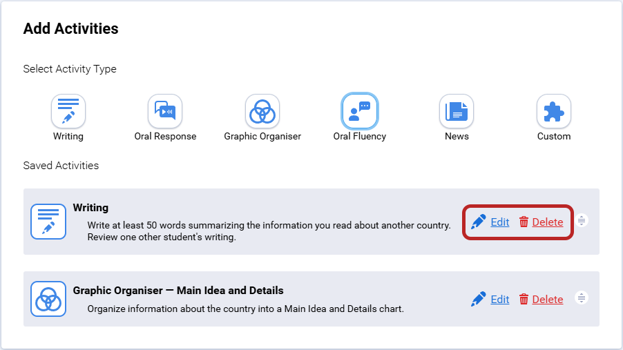 the Edit and Delete options for an activity