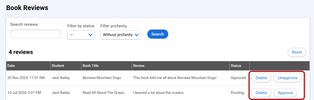 an example of a book review that has been approved and one that has not been approved