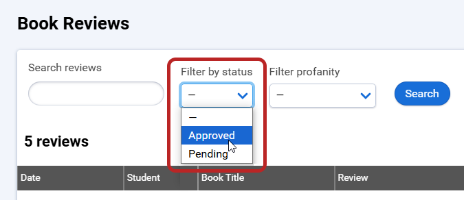 the Filter by Status drop-down list