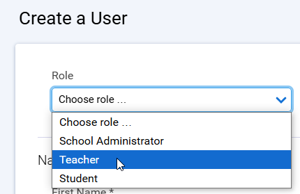 the Roles drop-down list on the Create a User page