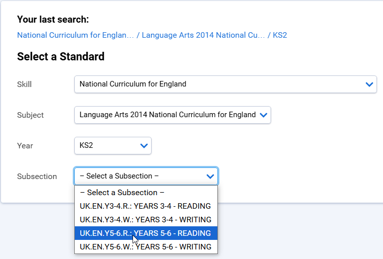 the Subsection drop-down list