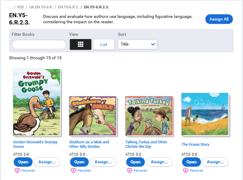 an example of books listed for a standard in the grid view