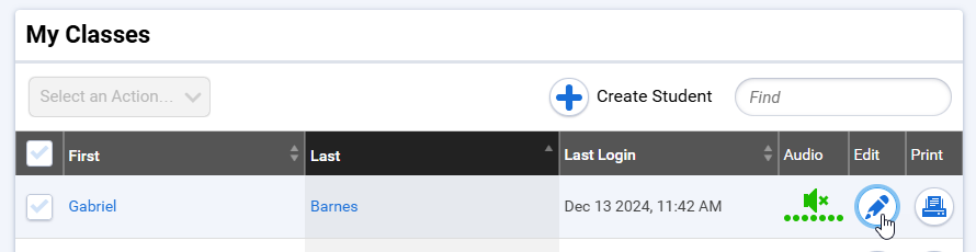 the pencil icon to the right of a student's name