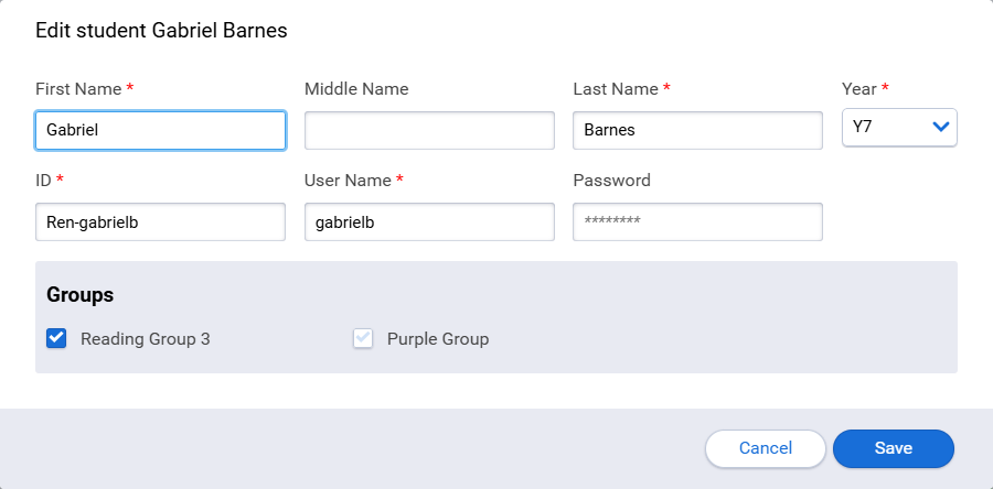 the Edit Student window with fields for the student's first, middle, and last name, ID, user name, and password, the Year drop-down list, and a list of groups with tick boxes