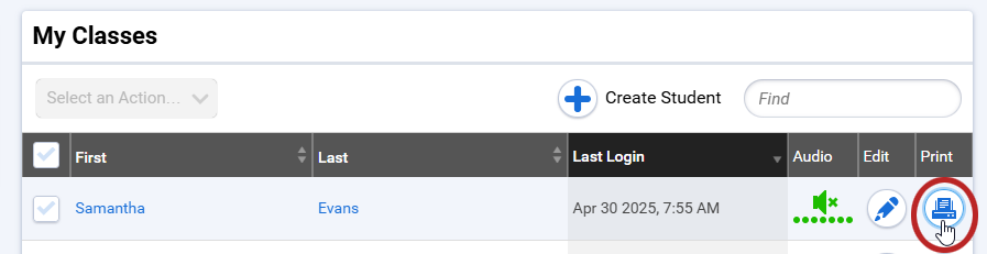 the print icon to the right of a student's name
